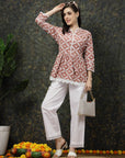 Pink  White Floral Printed Peplum Top