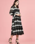 Tie and Dye Print Bell Sleeve Fit & Flare Midi Dress