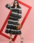 Tie and Dye Print Bell Sleeve Fit & Flare Midi Dress