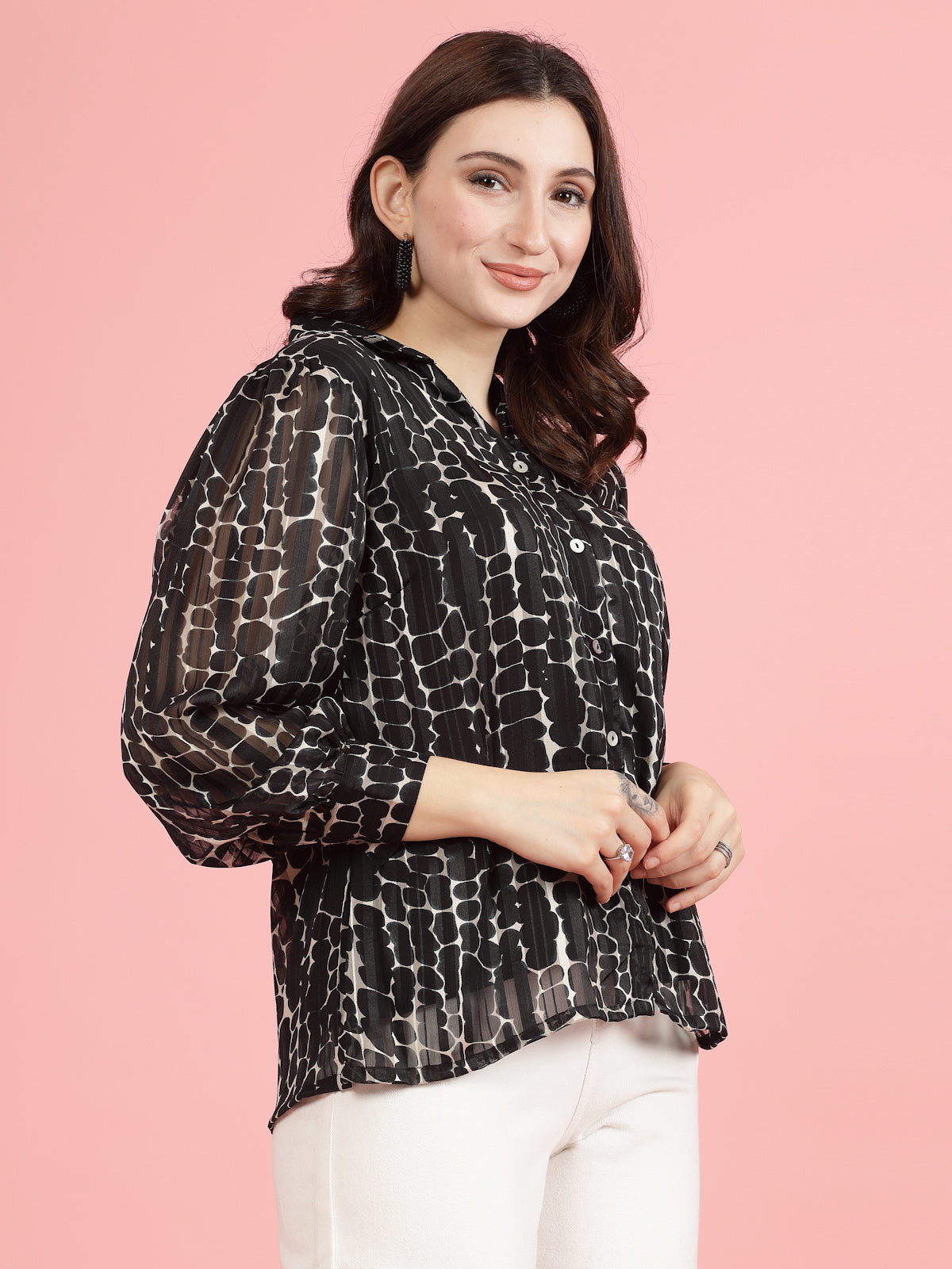 Black Spread Collar Semi Sheer Printed Casual Shirt