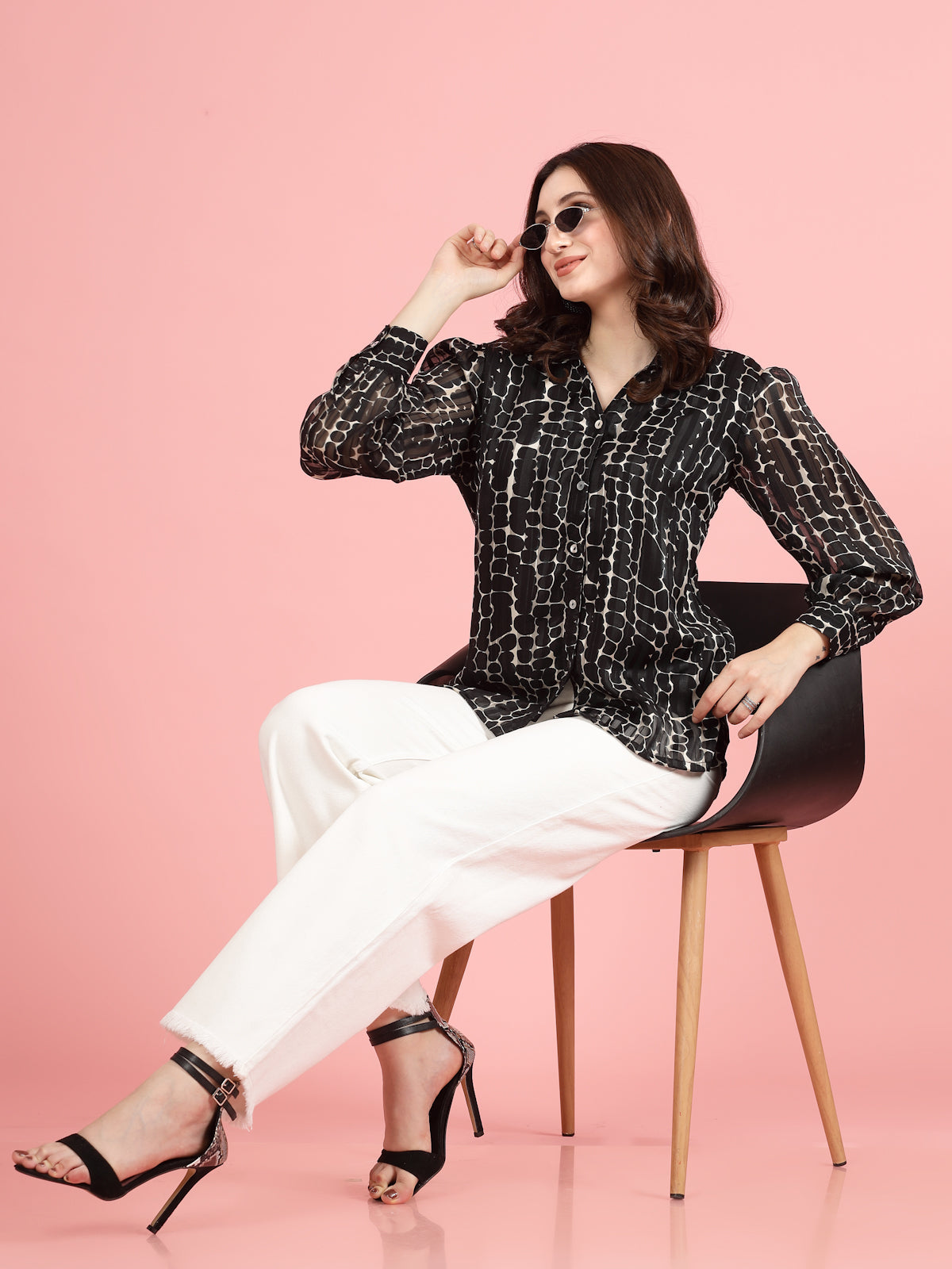 Black Spread Collar Semi Sheer Printed Casual Shirt