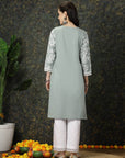 Sea Green & White Floral Printed Cotton Straight Kurta
