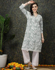 Sea Green & White Floral Printed Cotton Straight Kurta
