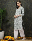 Sea Green & White Floral Printed Cotton Straight Kurta