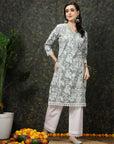 Sea Green & White Floral Printed Cotton Straight Kurta