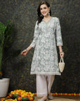 Sea Green & White Floral Printed Cotton Straight Kurta