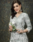 Sea Green & White Floral Printed Cotton Straight Kurta