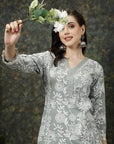 Sea Green & White Floral Printed Cotton Straight Kurta