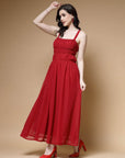 Red Striped Embellished Shoulder Straps Gathered  Tiered Detail Maxi Dress