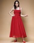 Red Striped Embellished Shoulder Straps Gathered  Tiered Detail Maxi Dress