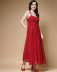 Red Striped Embellished Shoulder Straps Gathered  Tiered Detail Maxi Dress