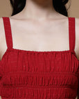 Red Striped Embellished Shoulder Straps Gathered  Tiered Detail Maxi Dress