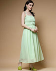 Sea Green Shoulder Straps Gathered Smocked Maxi Dress