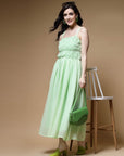 Sea Green Shoulder Straps Gathered Smocked Maxi Dress