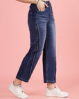 Women Blue High-Rise Clean Look Light Fade Frayed Hem Cotton Jeans