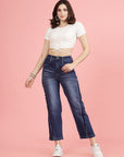 Women Blue High-Rise Clean Look Light Fade Frayed Hem Cotton Jeans
