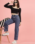 Women Blue High-Rise Clean Look Frayed Hem Cotton Jeans