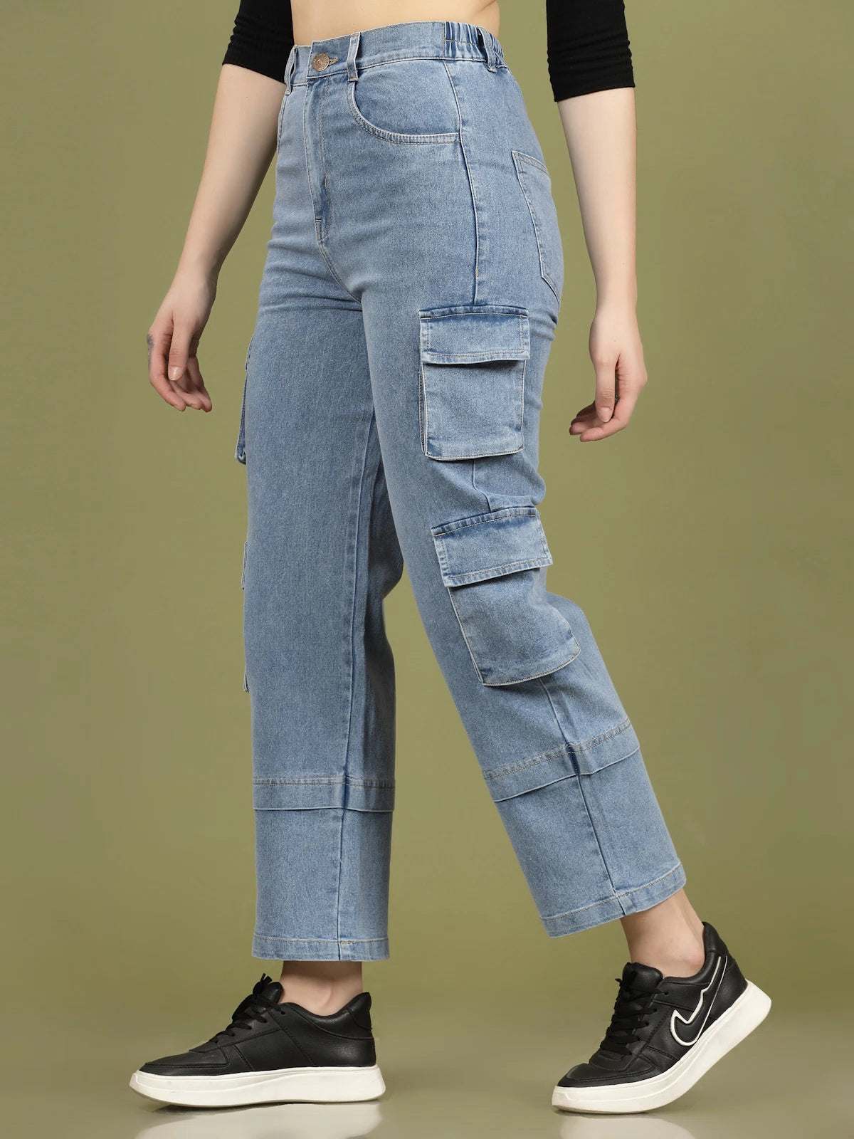 Women Blue High-Rise Clean Look Cotton Cargo Style Jeans – CINK