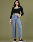 Women Blue High-Rise Clean Look Heavy Fade Frayed Hem Cotton Jeans