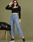 Women Blue High-Rise Clean Look Heavy Fade Frayed Hem Cotton Jeans