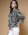 Black Floral Printed V-Neck Puff Sleeves Top