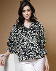 Black Floral Printed V-Neck Puff Sleeves Top