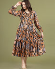 Print Puff Sleeve A-Line Midi Dress