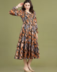 Print Puff Sleeve A-Line Midi Dress