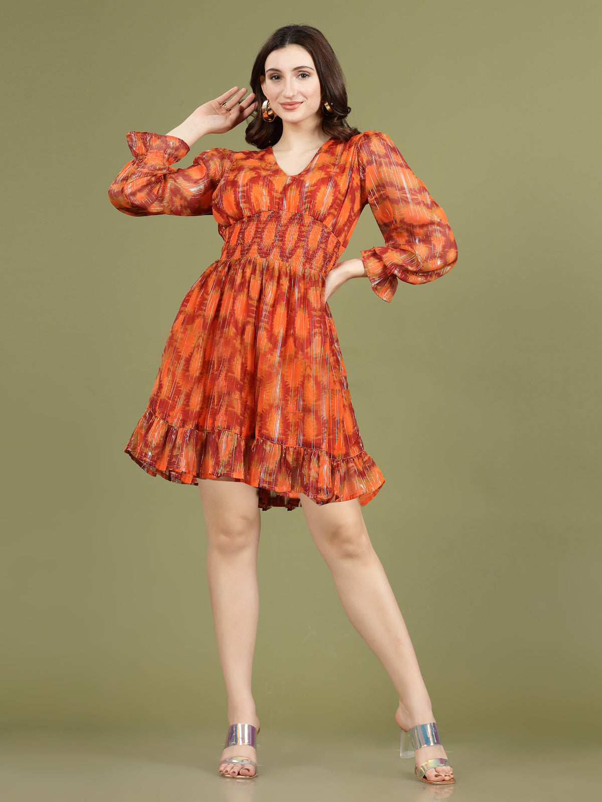 Print Puff Sleeve Fit &amp; Flare Dress