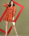 Print Puff Sleeve Fit & Flare Dress