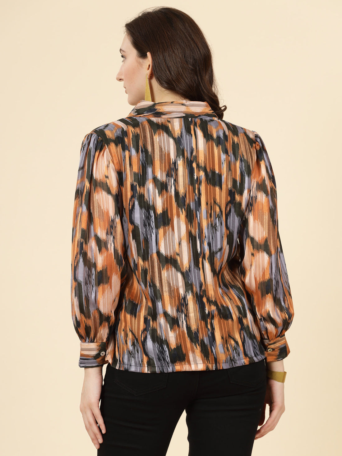 Orange Spread Collar Semi Sheer Printed Casual Buttoned Top