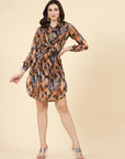 Abstract Print Cuffed Sleeves Shirt Style Dress