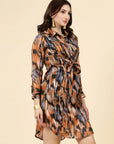 Abstract Print Cuffed Sleeves Shirt Style Dress