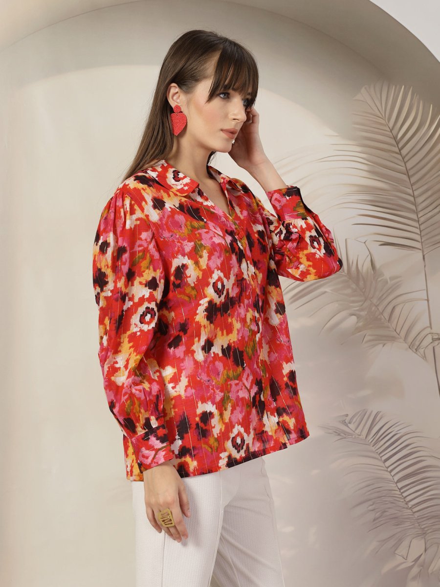 Women Floral Opaque Printed Casual Cotton Buttoned Top