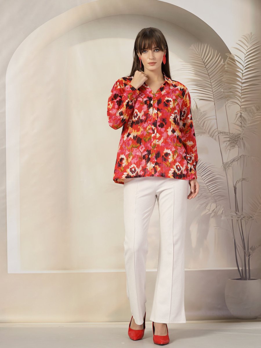 Women Floral Opaque Printed Casual Cotton Buttoned Top