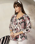 Tropical Print Kimono Sleeve Cotton Wrap Top