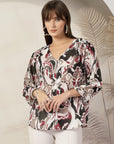 Tropical Print Kimono Sleeve Cotton Wrap Top