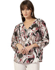 Tropical Print Kimono Sleeve Cotton Wrap Top