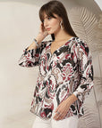 Tropical Print Kimono Sleeve Cotton Wrap Top