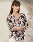 Tropical Print Kimono Sleeve Cotton Wrap Top