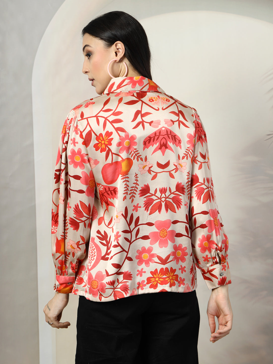 Women Beige Floral Opaque Printed Casual Buttoned Top