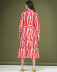 Pink Abstract Printed Shirt Midi Dress With Belt