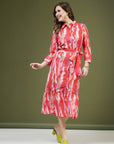Pink Abstract Printed Shirt Midi Dress With Belt