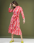 Pink Abstract Printed Shirt Midi Dress With Belt