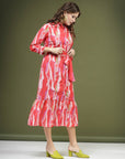 Pink Abstract Printed Shirt Midi Dress With Belt