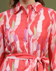 Pink Abstract Printed Shirt Midi Dress With Belt
