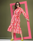 Pink Abstract Printed Shirt Midi Dress With Belt