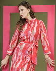 Pink Abstract Printed Shirt Midi Dress With Belt