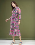 Violet Floral Printed Shirt Midi Dress