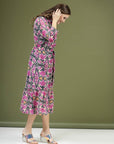 Violet Floral Printed Shirt Midi Dress
